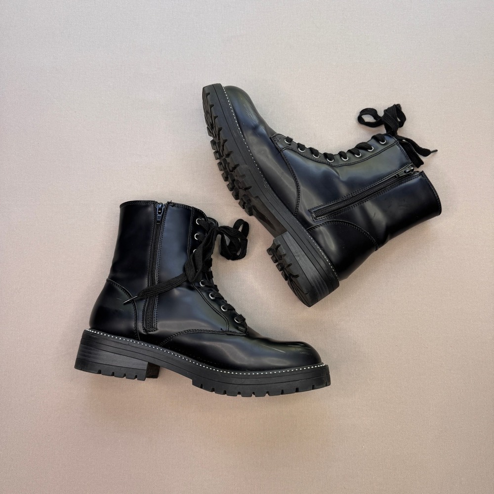 Sugar Kaedy Black Combat Boots Lug Sole Lace Up Side Zip QF1872 Womens 10M